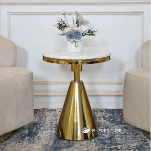 meja sudut ruang tamu serbaguna elegan top marmer putih, sudut meja tamu stainless gold d 45 t 55 cm