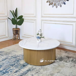 meja ruang tamu bulat modern kayu salur d 100 cm, meja tamu bulat top marmer artificial