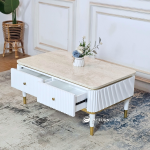 meja ruang tamu kotak salur klasikal white 100 x 60 x 45 cm, rectangle coffe table minimalis kaki brass gold