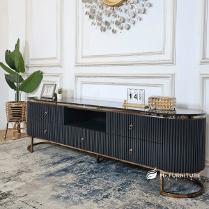 meja tv hitam kaki stainless rosegold top marmer hitam, meja panjang untuk tv minimalis modern 204 x 45 x 60 cm