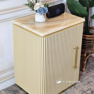 meja nakas aesthetic serbaguna bergaya salur modern, nakas meja top marmer onyx kayu salur cream