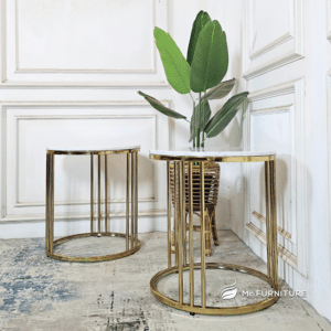 meja sudut aesthetic elegan stainless gold top marmer karrara, meja bulat sudut pilar 9 d 55 t 60 cm