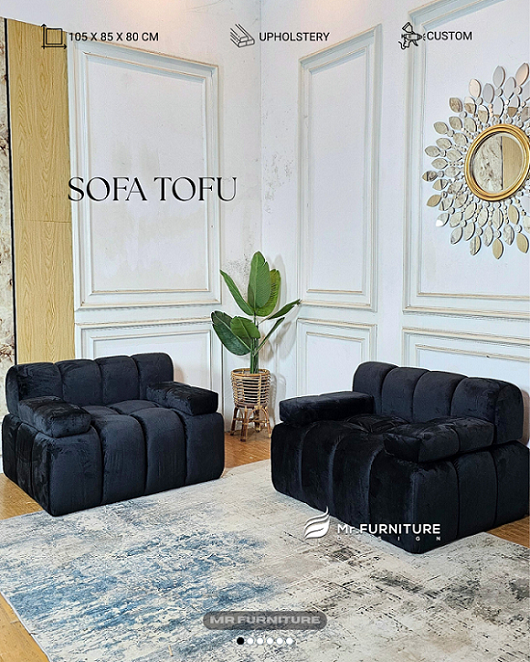 sofa tofu solid wood minimalis modern 105 x 85 x 80 cm, sofa nyaman royal foam hitam custom