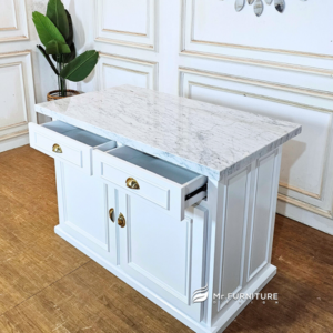 meja klasik mewah kitchen island marmer putih, kitchen island table elegan dengan storage 125 x 70 x 85 cm