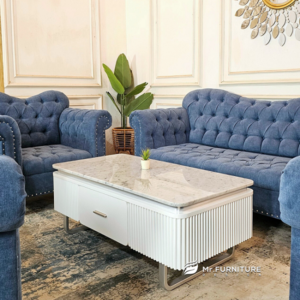 sofa tamu set meja salur marmer putih minimalis modern, set livingroom sofa kancing 321 dudukan estetik tahan lama