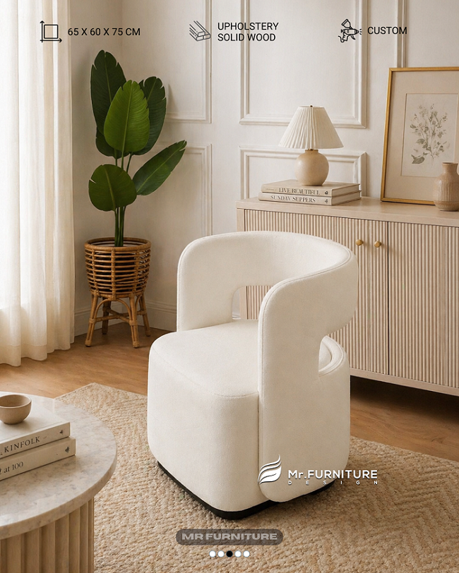 sofa tamu minimalis elegan modern solid wood, sofa single curve aesthetic custom 65 x 60 x 75 cm