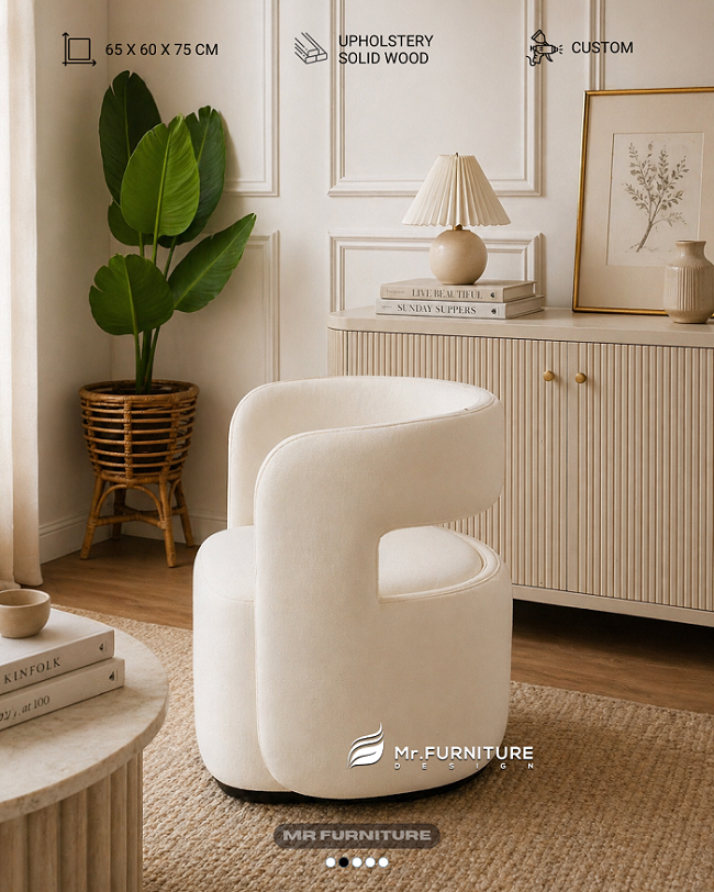 sofa tamu minimalis elegan modern solid wood, sofa single curve aesthetic custom 65 x 60 x 75 cm