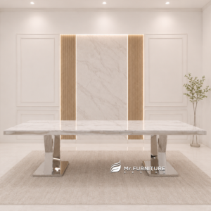 meja makan x modern mewah stainless silver glossy, meja ruang makan top marmer putih karrara 300 cm