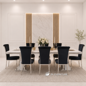 set makan 8 kursi cleopatra elegan stainless silver modern, meja makan kursi set top marmer putih karrara 300 cm
