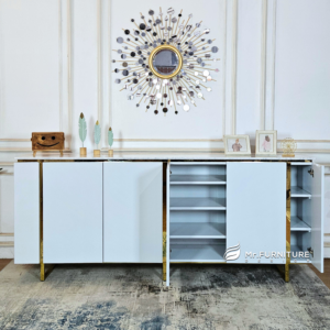 sideboard kayu kombinasi stainless elegan minimalis, rak sepatu buffet serbaguna top marmer putih 240 cm