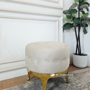 kursi sofa stool rias minimalis estetik kancing gold, kursi stool modern stainless gold mix kayu kokoh d 50
