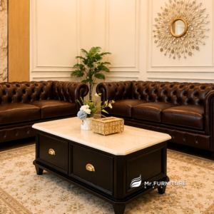 chester button classic sofa set marble teak wood table natural warm