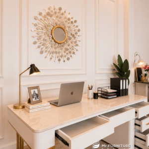 meja kerja modern elegan solid wood stainless gold, desk table top marmer krem 180 cm minimalis