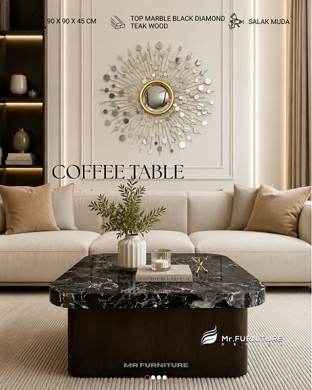 rectangle top black diamond marble elegant coffe table