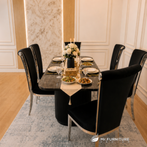 meja makan kayu set 6 kursi cleopatra stainless elegan, set ruang makan modern meja top marmer mewah 200 cm