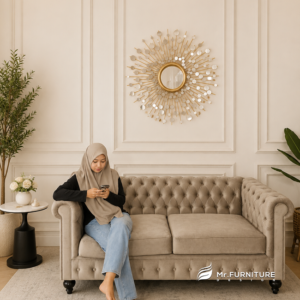 kursi sofa chester 2 seater minimalis kancing klasik, sofa kayu natural warm estetik kain legacy 185 cm